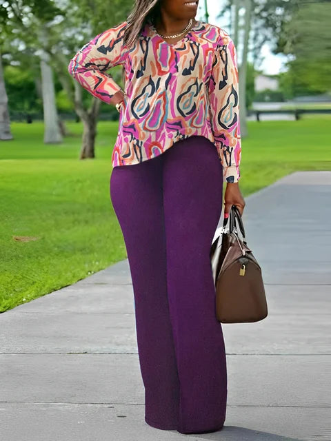V Neck Mixed Print Side Split Pants Set Long Sleeve Top Loose Two Piece Set Outfit