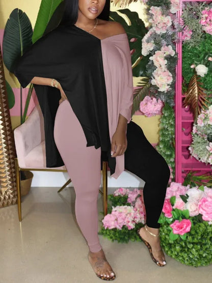 V Neck Side Split Patchwork Pants Set Autumn ’s Short Sleeve Oversized Two Pieces Outfit