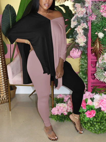 V Neck Side Split Patchwork Pants Set Autumn ’s Short Sleeve Oversized Two Pieces Outfit