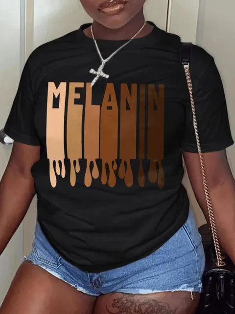 Woman Clothes Summer Round Neck Short Sleeve Melanin Letter Print T-shirt
