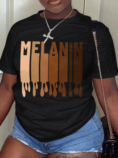 Woman Clothes Summer Round Neck Short Sleeve Melanin Letter Print T-shirt