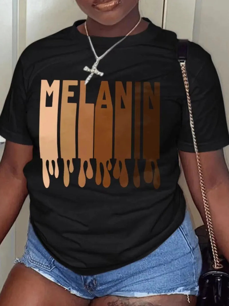 Woman Clothes Summer Round Neck Short Sleeve Melanin Letter Print T-shirt