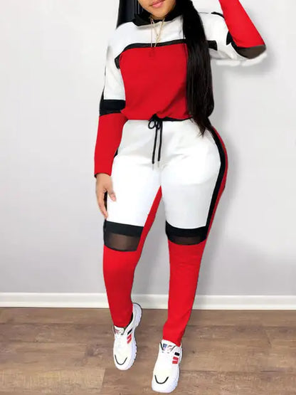 Two Piece Color-lump Tracksuit Pants Set Patchwork Sporty Long Sleeve Conventional Collar Autumn Outfits