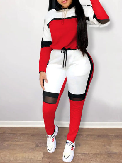 Two Piece Color-lump Tracksuit Pants Set Patchwork Sporty Long Sleeve Conventional Collar Autumn Outfits