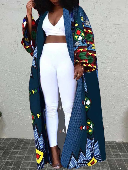 ’s Geometric Afro Print Loose Trench Coat With Conventional Collar