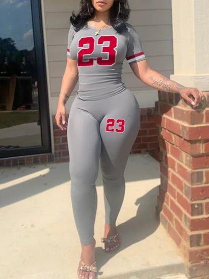 Summer Loose 2 Piece Set Letter Print Pocket Design Pants Set Short Sleeve