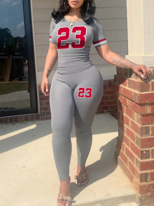 Summer Loose 2 Piece Set Letter Print Pocket Design Pants Set Short Sleeve
