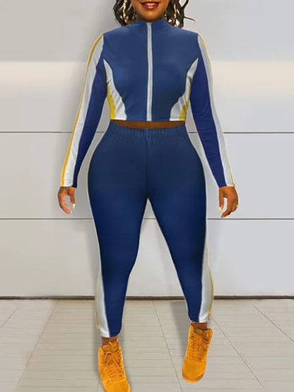 Zipper Design Patchwork Pants Set Color Block Mandarin Collar Tracksuits Long Sleeve Two Pieces Outfits