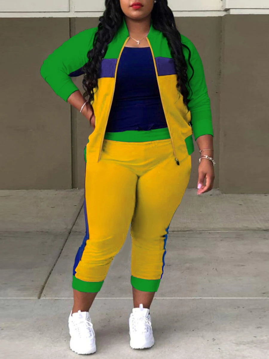 Zipper Design Patchwork Pants Set Color Block Mandarin Collar Tracksuits Long Sleeve Two Pieces Outfits