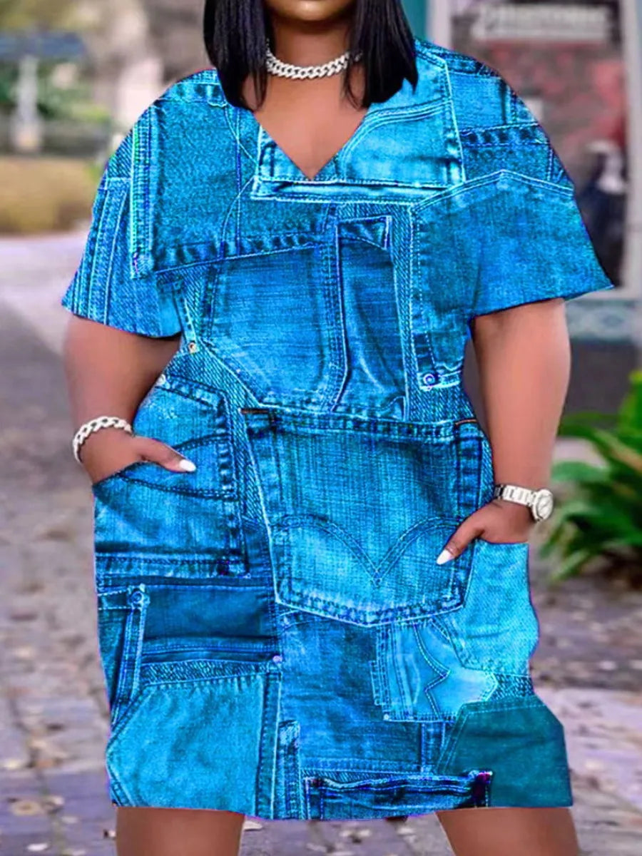 Imitation Denim V Neck Pocket Design Dress ’s T-shirt Summer Loose Dress Vestidos