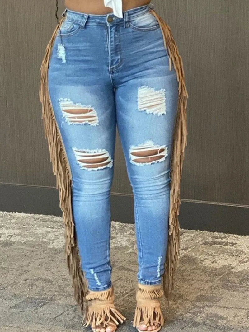 Summer Jeans Tassel Design Ripped Skinny Pants Y2k High Street Cargo Pants