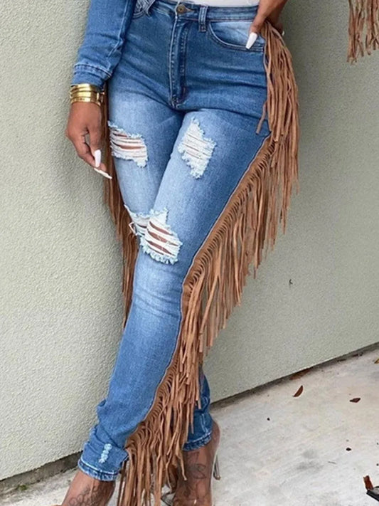 Summer Jeans Tassel Design Ripped Skinny Pants Y2k High Street Cargo Pants