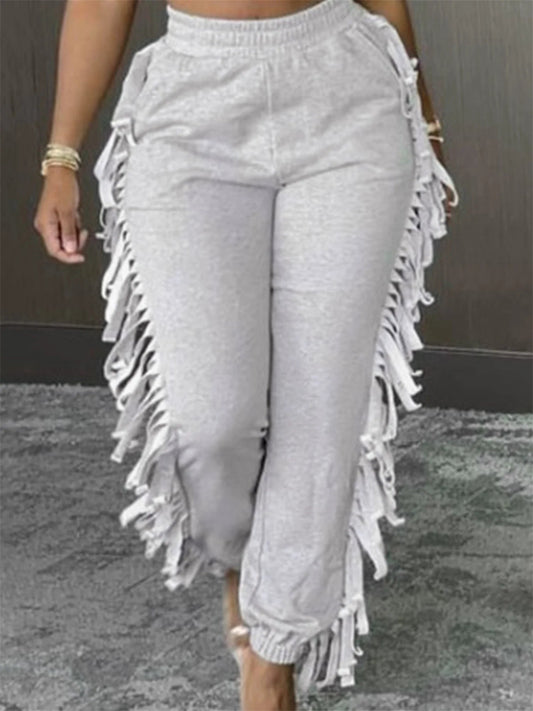 Mid Waist Tassel Trim Elasti Color Jogger Sweatpants