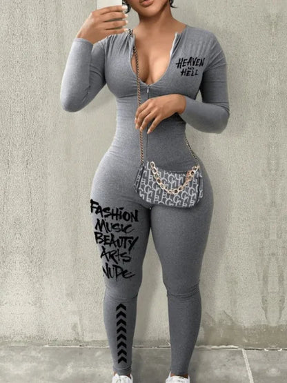 Spring Summer V-neck Long Sleeve Zipper Skinny Sportswear Jumpsuit