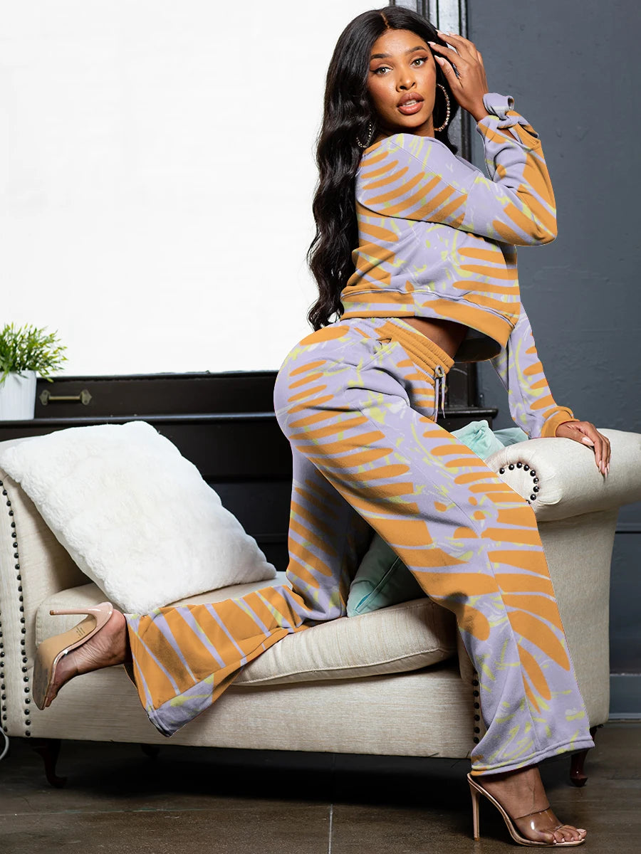 Striped Pocket Design Drawstring Pants Set Round Neck Long Sleeve Sweatshirt – Stylish and Comfortable Sweatshirt Set