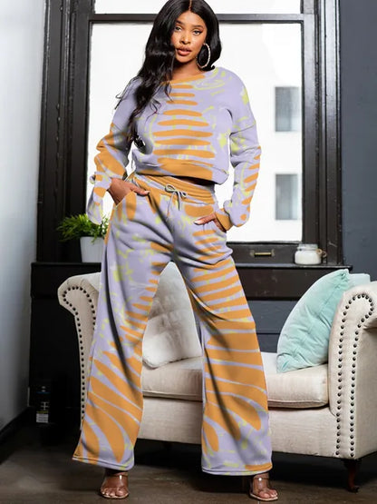 Striped Pocket Design Drawstring Pants Set Round Neck Long Sleeve Sweatshirt – Stylish and Comfortable Sweatshirt Set