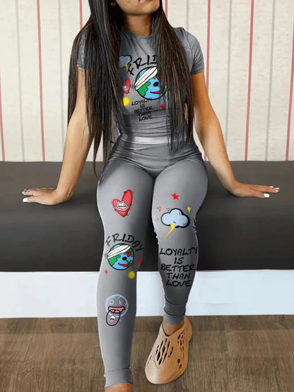 Two Piece Sets Outfits Round Neck High Stretch Short Sleeve Letter Print Skinny Patchwork Pencil Pants Set