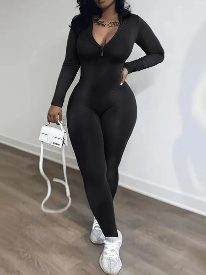 Zipper Design Skinny Jumpsuit Autumn Color V Neck Long Sleeve One Pieces Suit Sportswear Outfits for