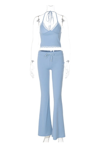 Lace Halterneck Vest Flares Long Pants Suits