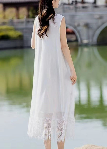 Lace Patchwork Pocket Round Neck Sleeveless Maxi Dress Black Lc0046