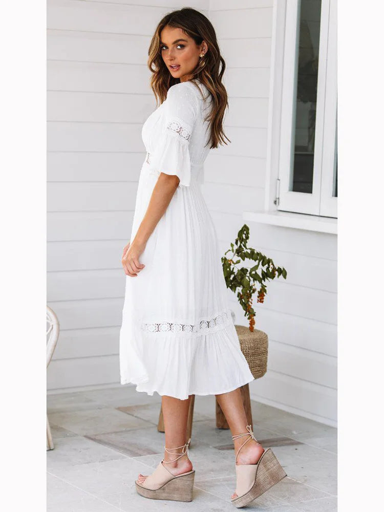 V Neck Lace Splice Midi Dress