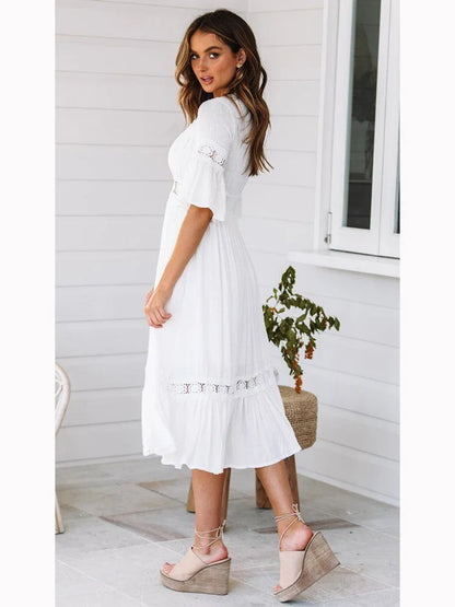 V Neck Lace Splice Midi Dress