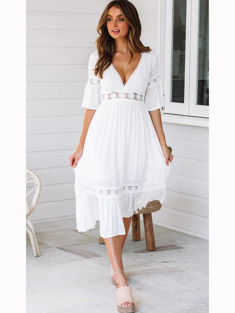 V Neck Lace Splice Midi Dress