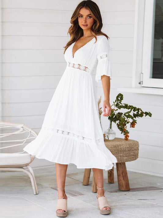 V Neck Lace Splice Midi Dress
