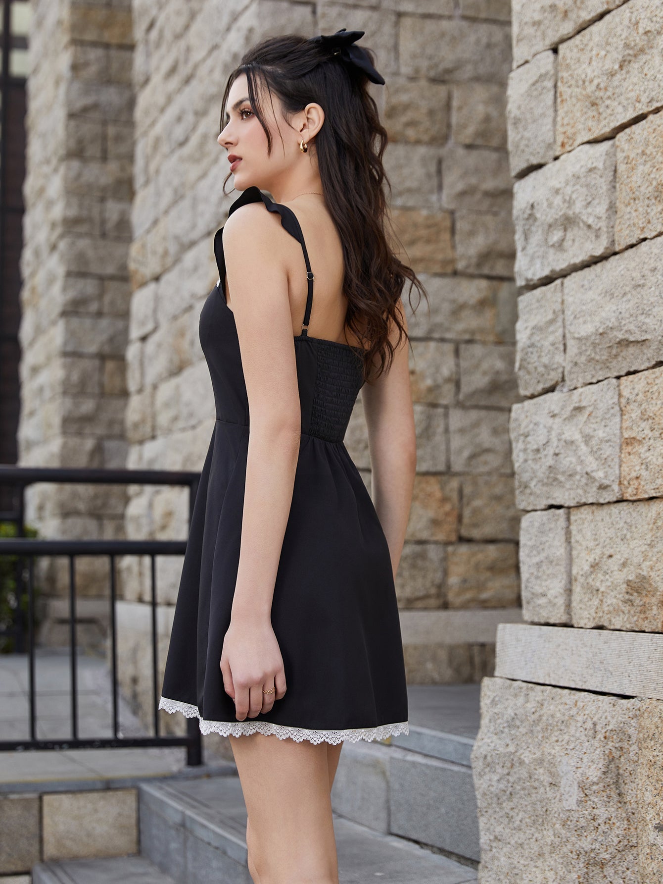 Lace Trim Square Neck Backless A-line Dress