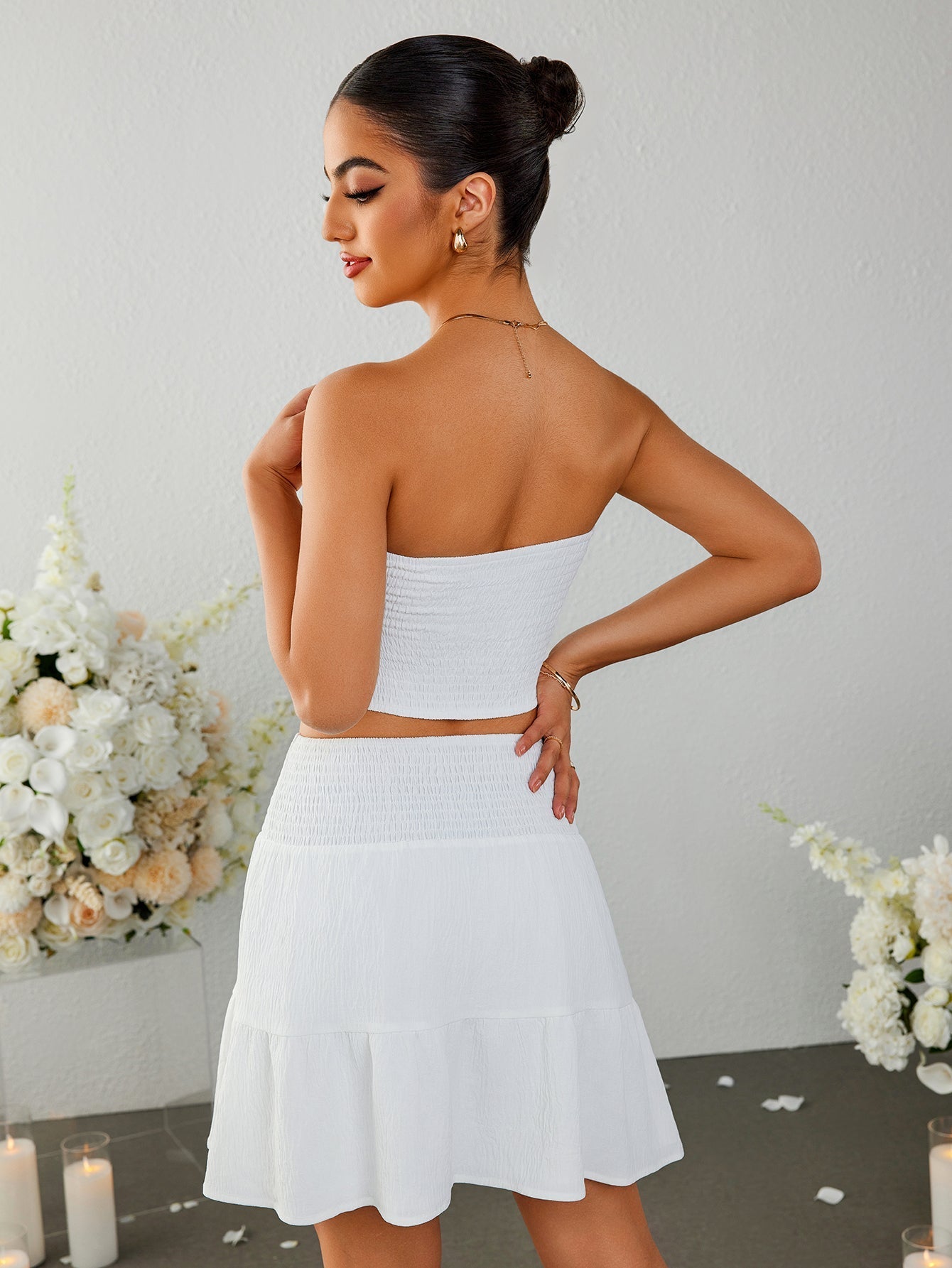 Lace Trim Tie Front Ruffle Tube Top&ruffle Flared Hem Skirt