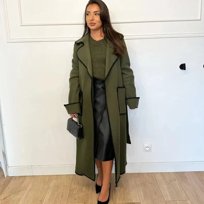 Lace Long Woolen Autumn Winter New Double-breasted Long Coat