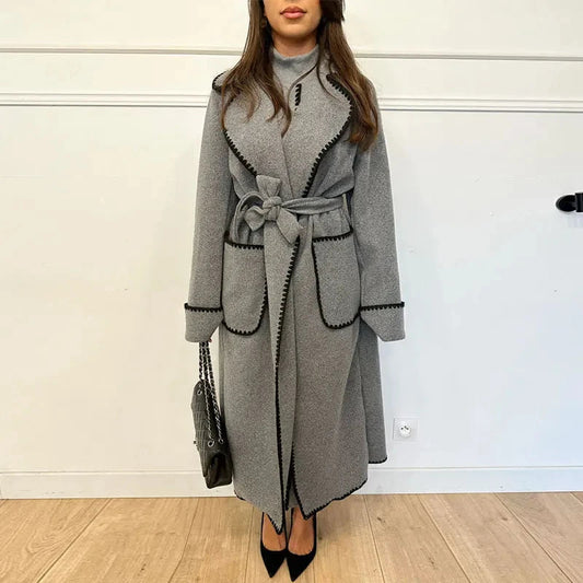 Lace Long Woolen Autumn Winter New Double-breasted Long Coat