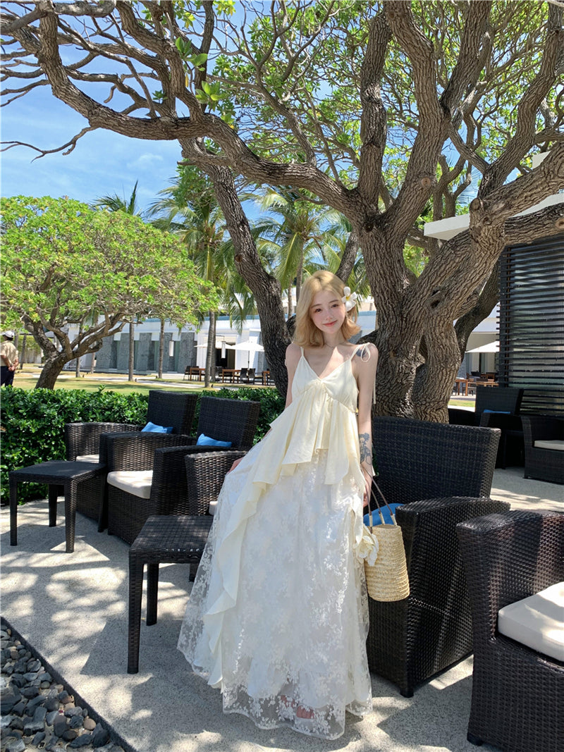 Lace Patchwork Layered Maxi Dress Ethereal Beach Gown