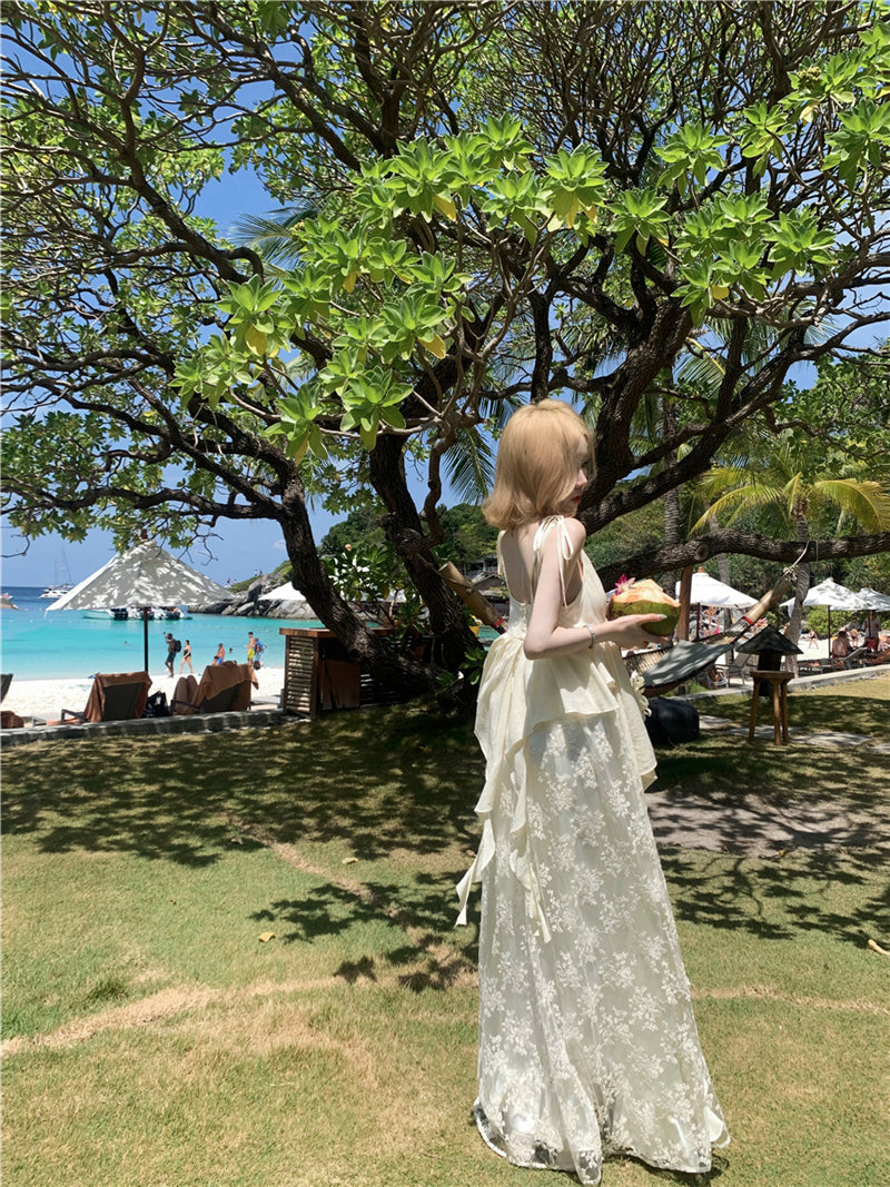 Lace Patchwork Layered Maxi Dress Ethereal Beach Gown