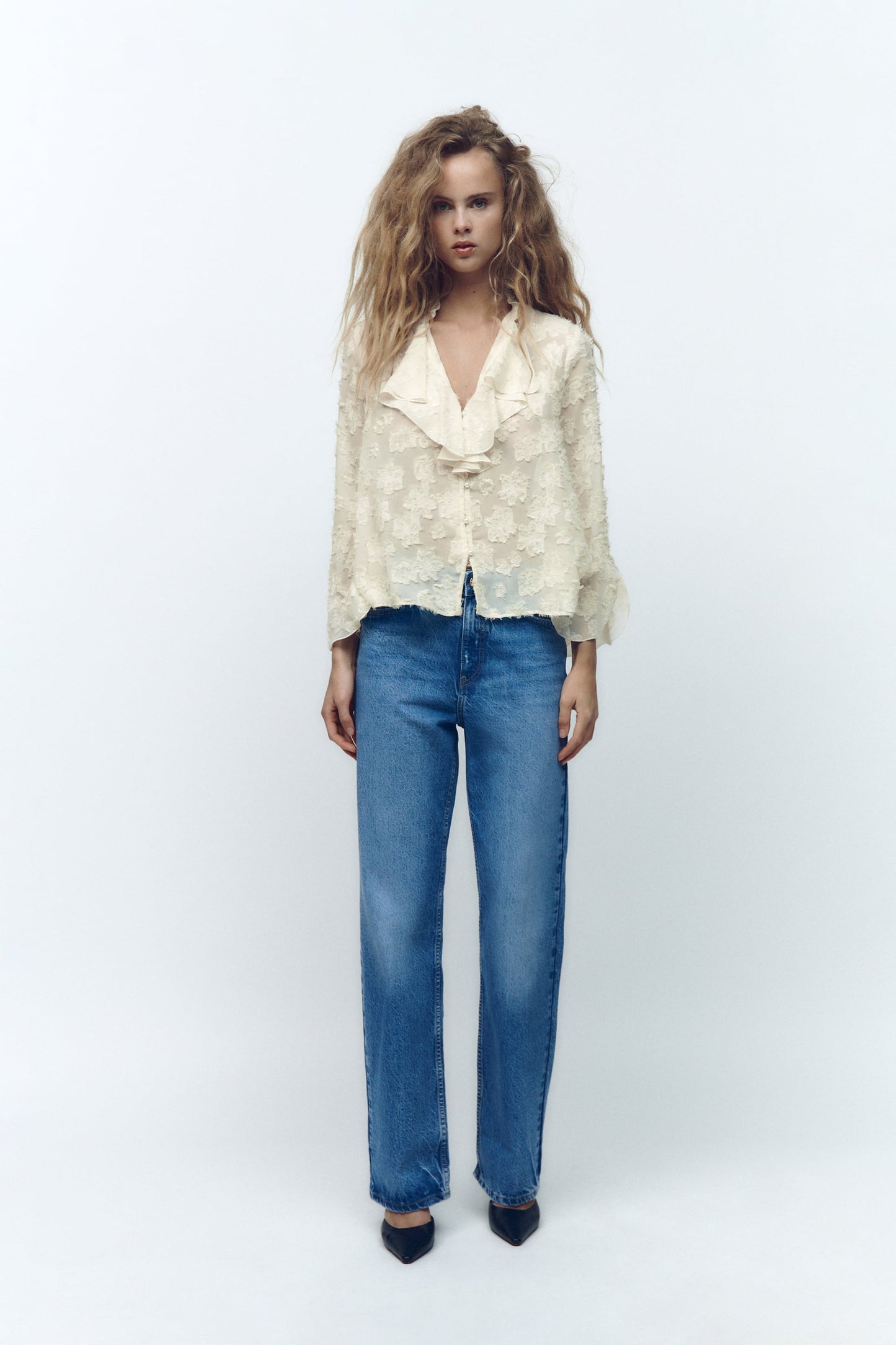 Lace Flared Sleeve Ruffle V-neck Pearl Button Blouse