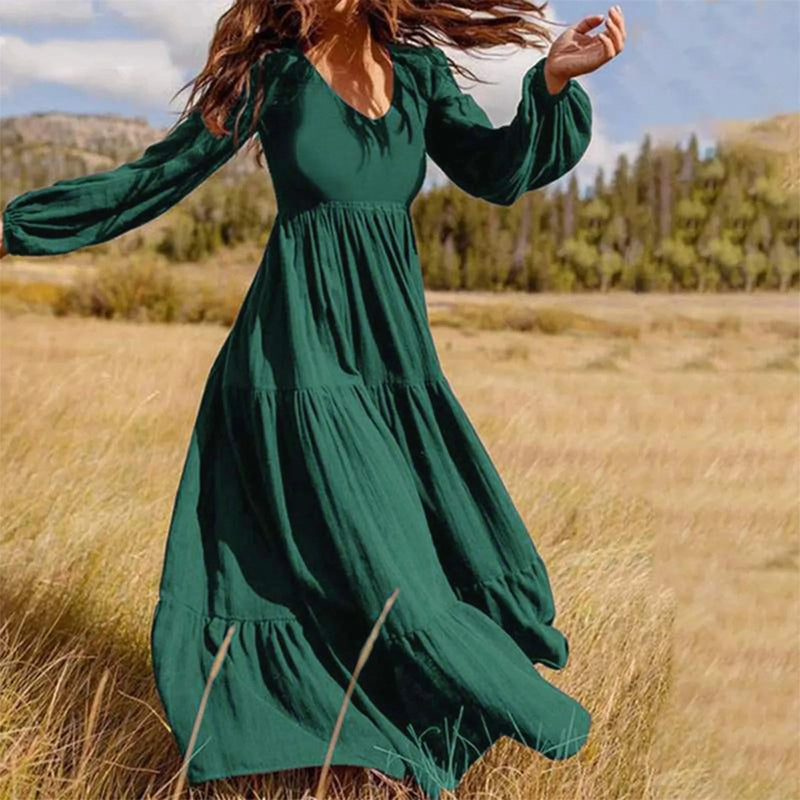 Color V-neck A-line Maxi Dress