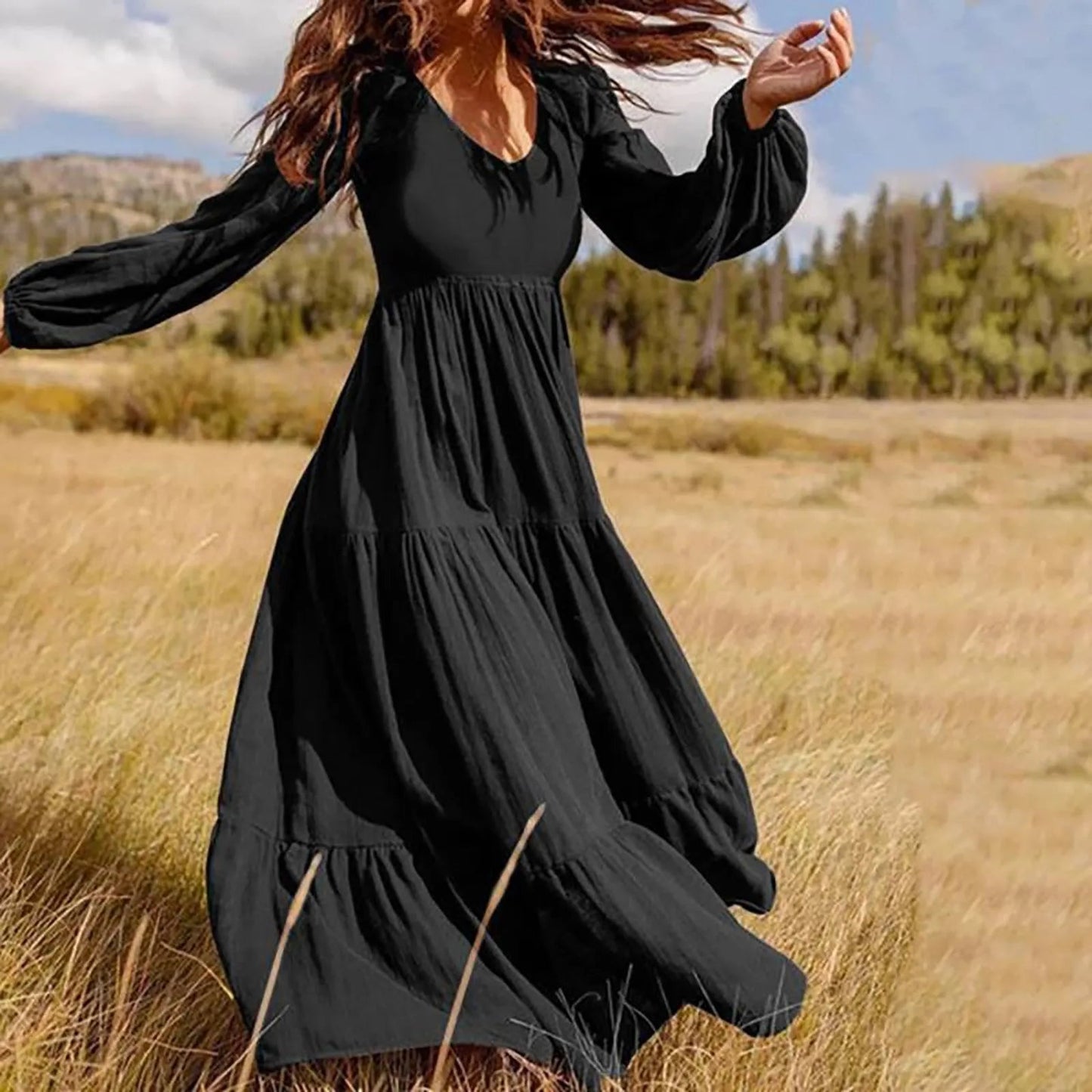 Color V-neck A-line Maxi Dress