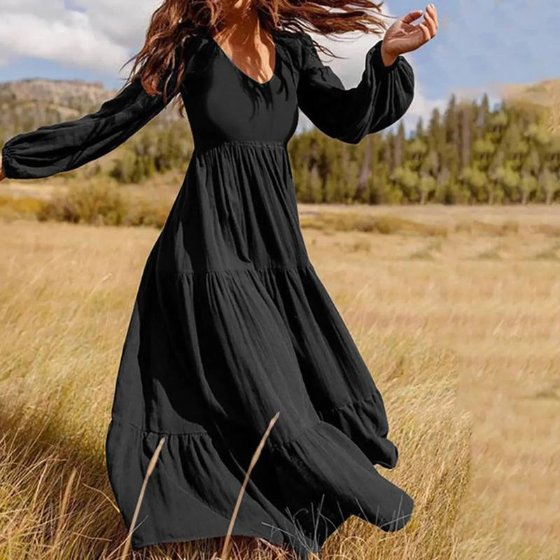 Color V-neck A-line Maxi Dress