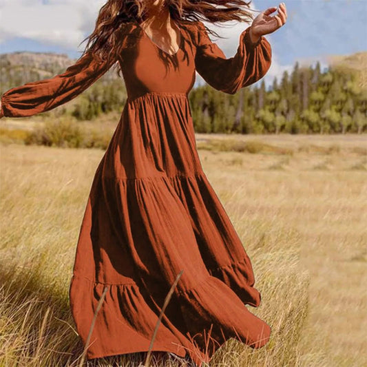 Color V-neck A-line Maxi Dress