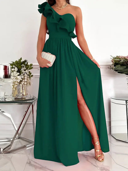 Off Shoulder Diagonal Collar Ruffle Hem Evening Maxi Dress