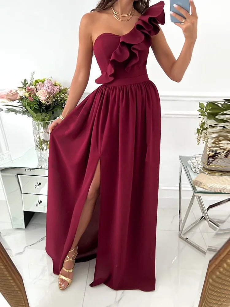 Off Shoulder Diagonal Collar Ruffle Hem Evening Maxi Dress