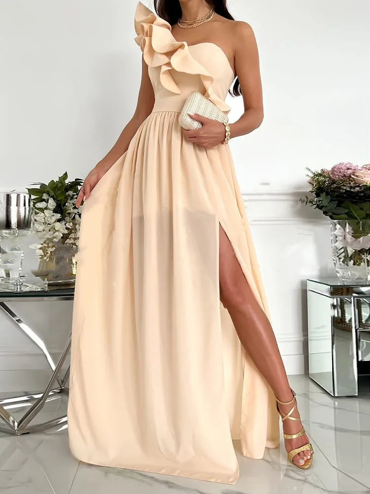 Off Shoulder Diagonal Collar Ruffle Hem Evening Maxi Dress