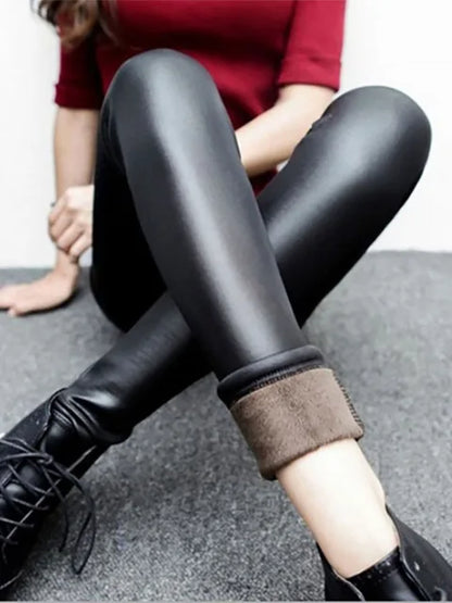 Winter Warm Thick Velvet Faux Leather Leggings Gothic Legging Pants Punk Rock Slim Skinny Pencil Pants for