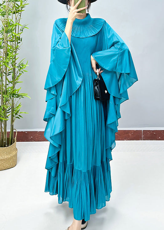 Lake Blue Wrinkled Cotton Long Dress Turtleneck Spring Aa1023