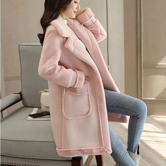 Lamb Wool Mid-length Winter Plus Loose Frosted Splicing Coat