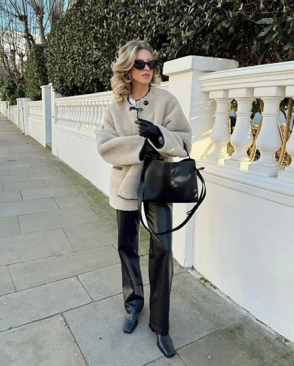 Lamb Wool Contrast Plush Warm Autumn Winter Long Sleeve Loose Coat