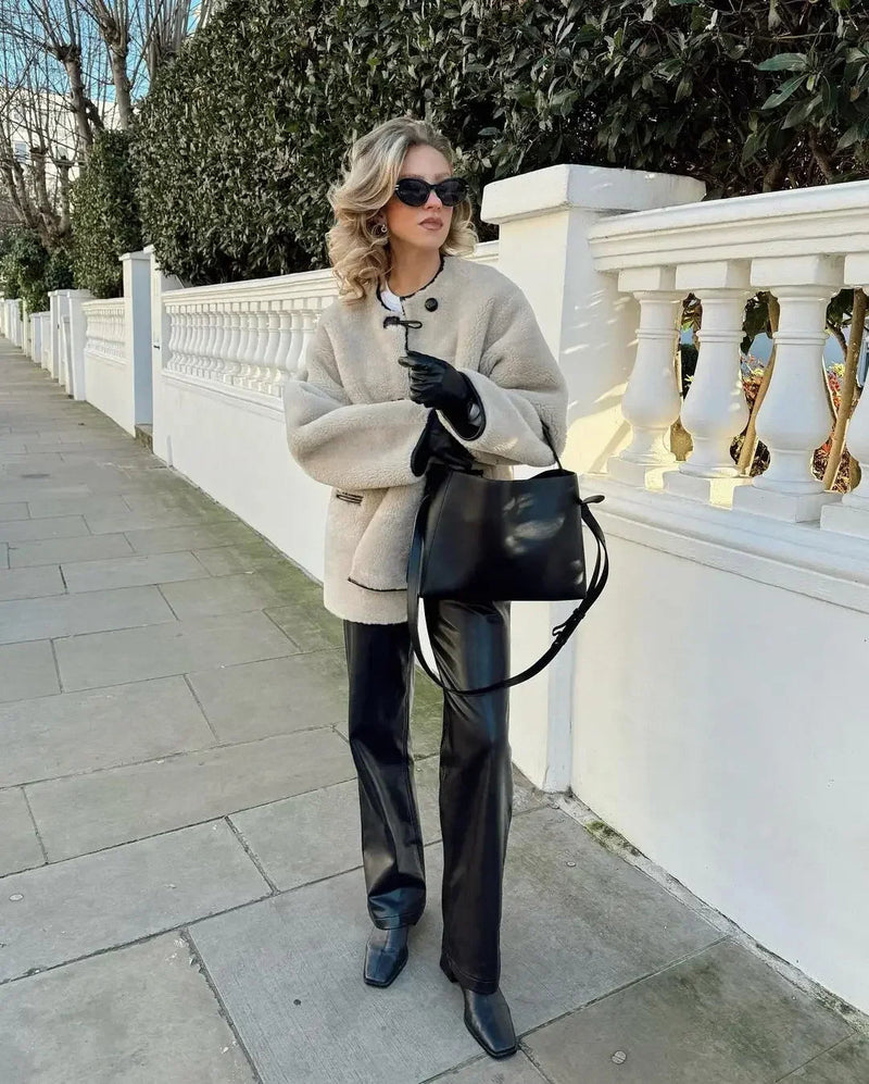 Lamb Wool Contrast Plush Warm Autumn Winter Long Sleeve Loose Coat