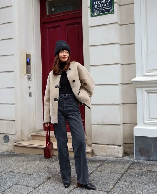 Lamb Wool Contrast Plush Warm Autumn Winter Long Sleeve Loose Coat