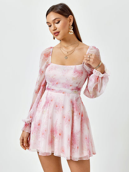 Lantern Sleeve Backless Mini Dress