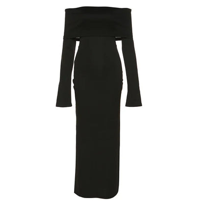 Off-shoulder Lapel Neck Long Sleeve Maxi Dress